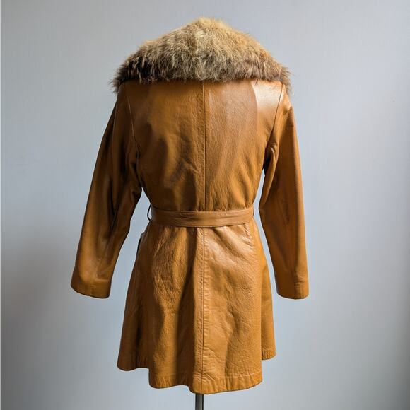Vintage Mustard Leather Penny Lane Jacket Groovy Fur Trim 70s Trench Coat Medium - Picture 6 of 10